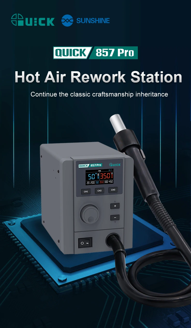 QUICK 857 Pro Digital Display Hot Air Rework Station Temperature Control Motherboard Hip Repair Direct Air Soldering Station