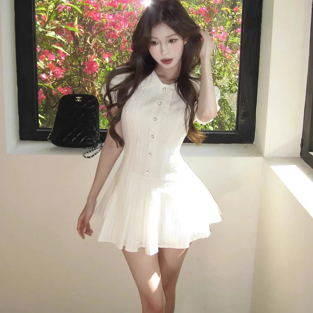 Korean Style White Women\'s Dress Harajuku Vintage Short Sleeve A-Line Midi Dress For Female Clothes Summer One-Piece Dresses