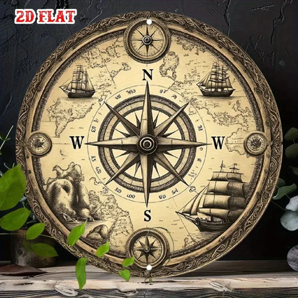 Vintage Nautical Compass Rose Metal Sign 7.8 Inch Round Rustic Maritime Chart Wall Art Decor