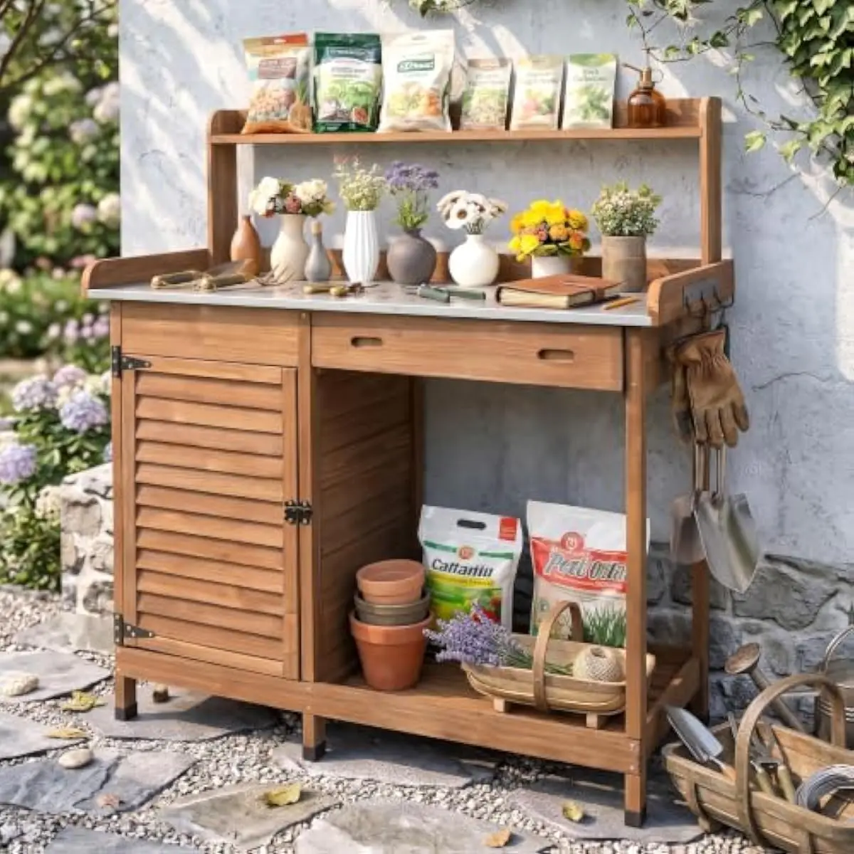 Outdoor Potting Bench with Metal Tabletop and Sliding Drawer, Wooden Garden Workstation with Storage Shelves and Hooks for Patio Backyard