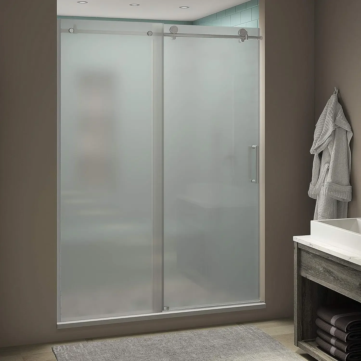 Coraline XL Shower Door, Brushed Stainless Steel, Ultra-Bright Frosted