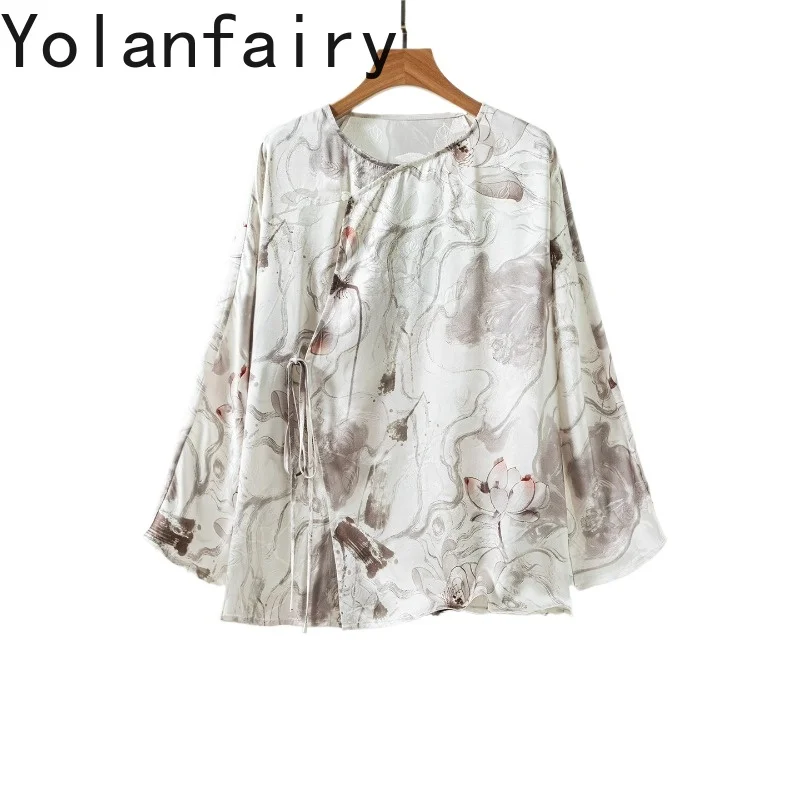 

YOLANFAIRY Роскошные женские рубашки из 100% натурального шелка тутового шелкопряда, элегантные блузки с длинным рукавом, женские шелковые топы с жаккардовым узором, свободные рубашки