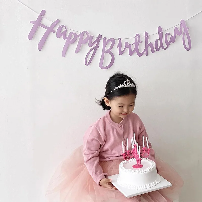 Skrypt Jasnofioletowy Happy Birthday Flaga Baby Shower Różowa Artystyczna Girlanda Złoto Srebro Baner Bacdrops Dekoracja