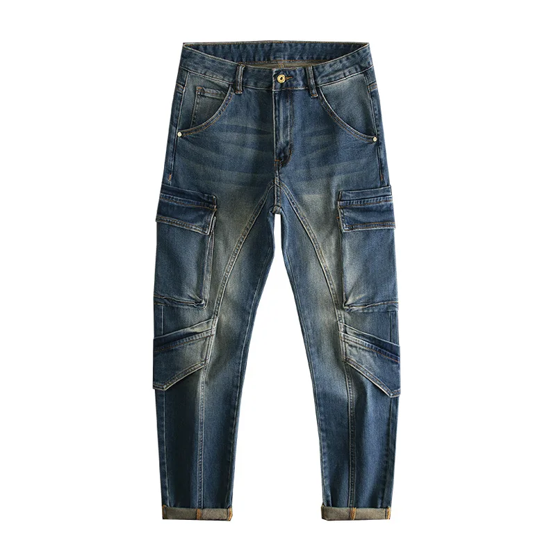 Multi pocket patchwork jeans for men, slim fit with small feet and elastic American retro high-end motorcycle riding trend pants