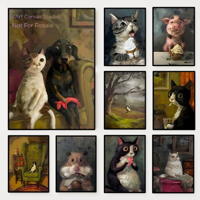 Funny Animals Personify Poster Print Cat Dog Rabbit Hamster Eat Something Canvas Painting Wall Art for Living Room Home Decor