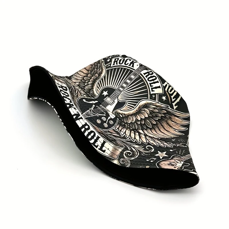 Hip-Hop Black Wings Guitar Pattern Digital Print Reversible Bucket Hat  Hip-Hop Fisherman Outdoor Rock Band Graphic Street Snap