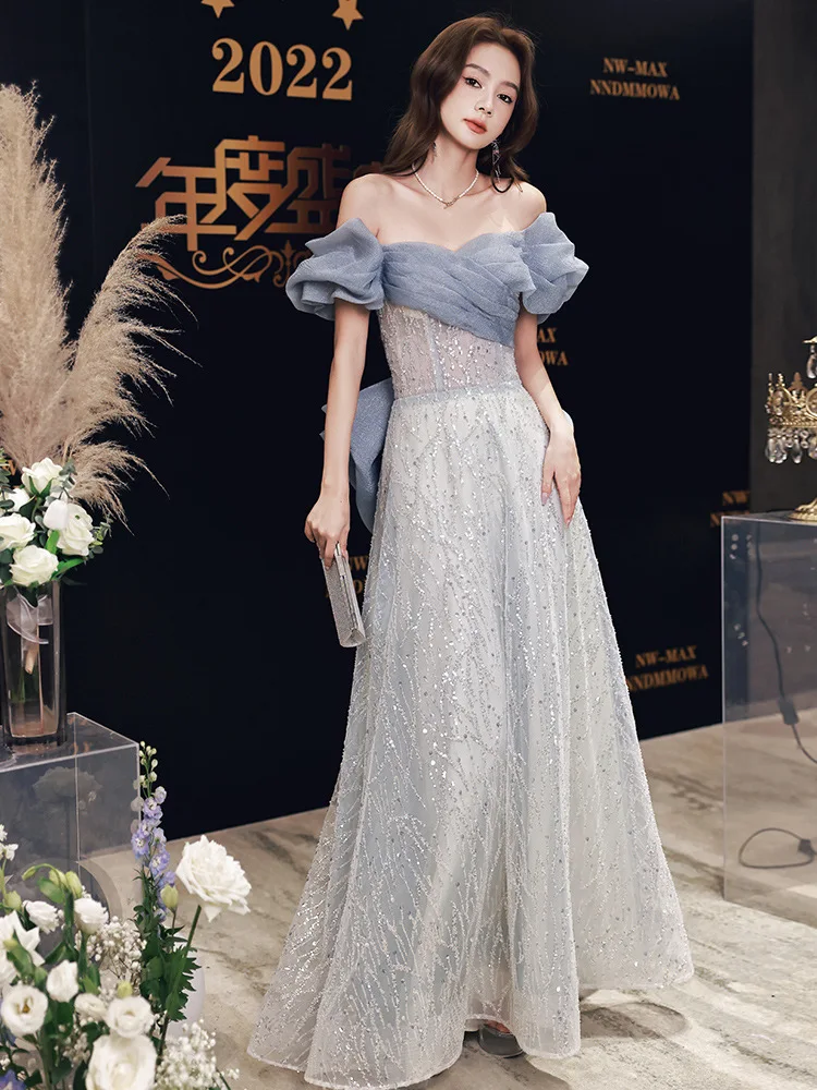 

Customized Temperament Luxury Shinny Slash Neck Evening Dress Clavicle Exposed Slim Waist Wedding Party Vestidos Design Robe Pro