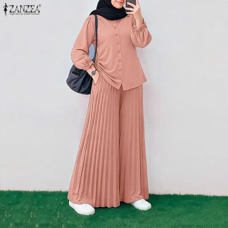

Fashion Women Pant Sets ZANZEA Muslim Outfits Summer Long Sleeve Tops Wide Leg Trousers Solid Work Suit Ramadan Hijab Tracksuit