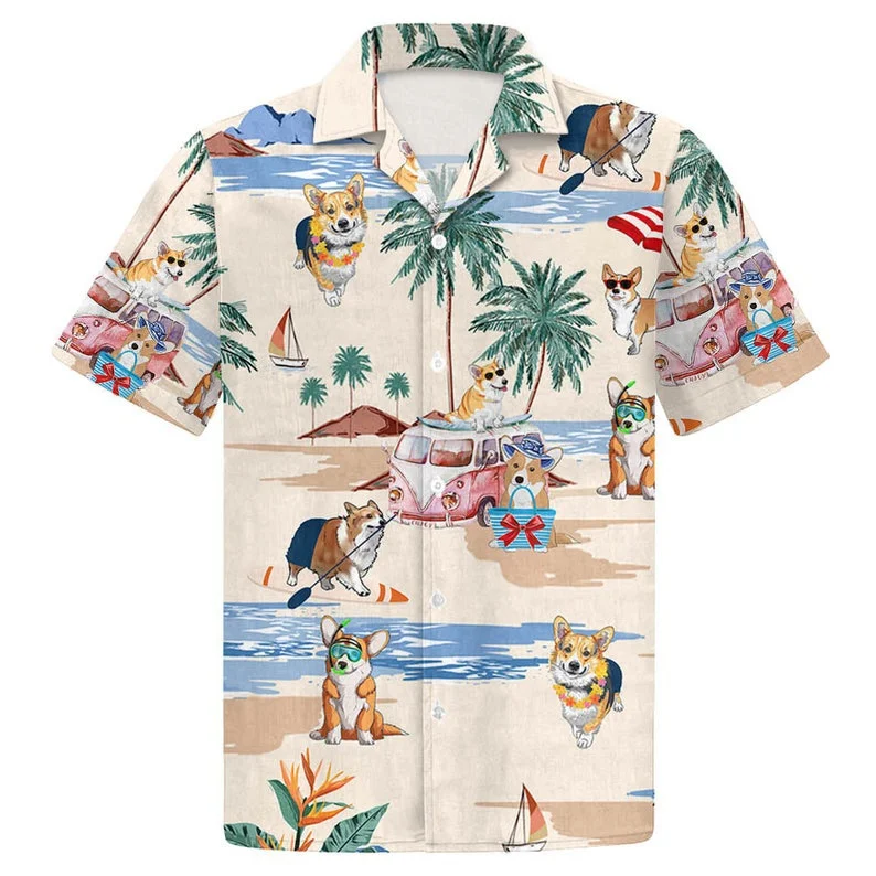 

Hawaiian Shirts for Men and Women Kawaii Corgi Shirts Cartoon Print Beach Short Sleeve Summer Casual Button Up Hawaii Shirts