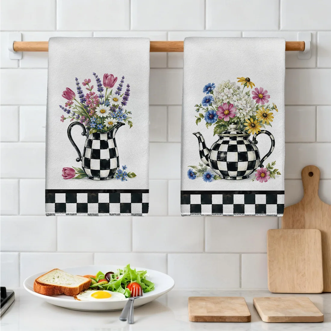 2Pcs black and white plaid teapot floral pattern kitchen towel, soft microfiber material dishtowel hand towel