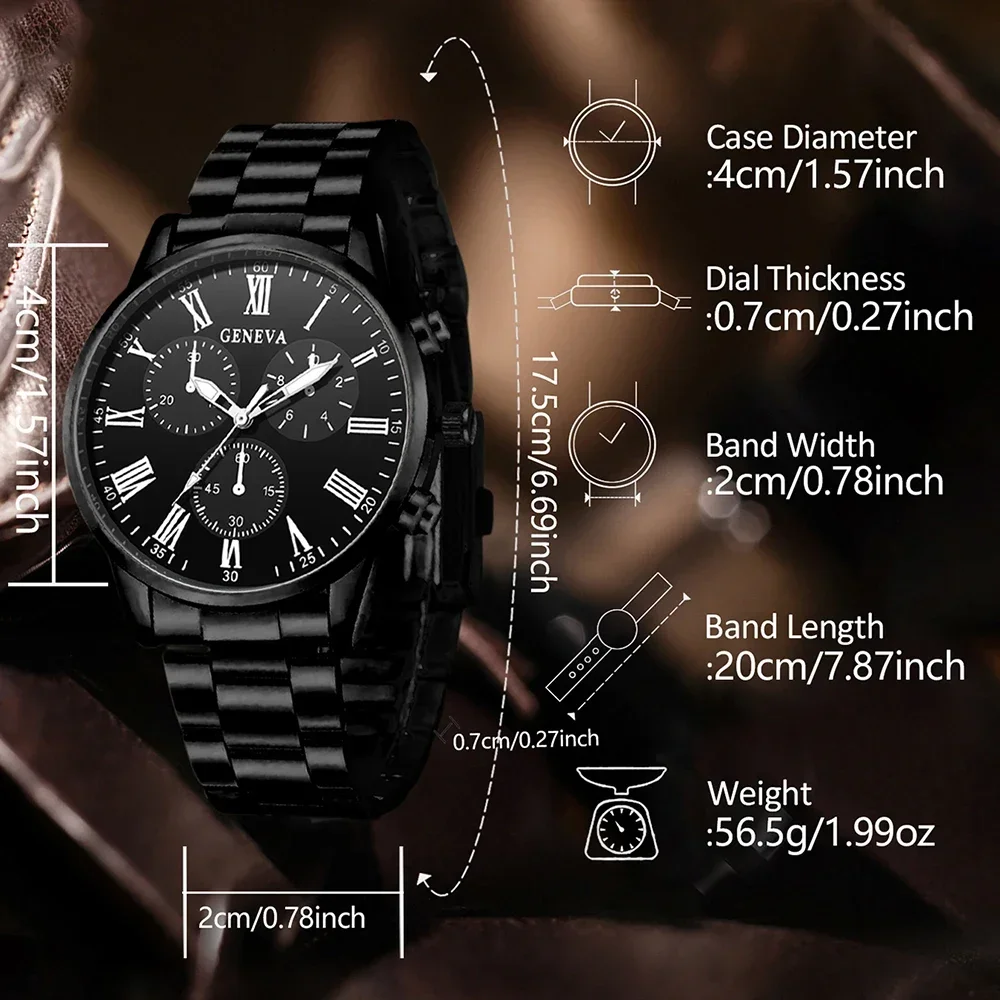 Men's Watch Set Business Trend Fashion Roman Digital Scale Dial Quartz Watch Bracelet Necklace Ring Set Perfect Gift - view 5