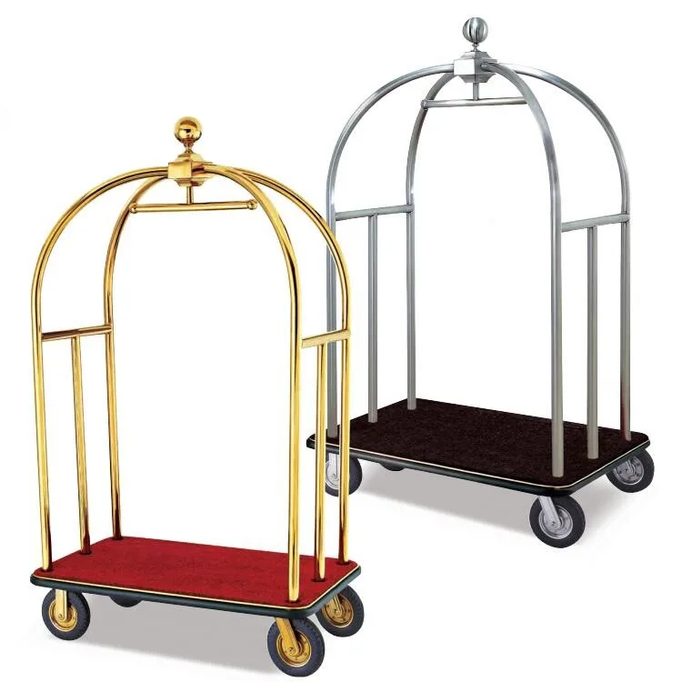 Custom Luxury Style Stainless Steel Gold 5 Star Hotel Luggage Cart Bellman Cart Trolley