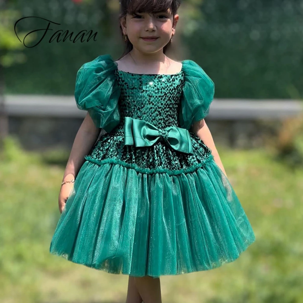 Abiti da ragazza di fiori personalizzati Manica a lanterna Paillettes Prospettiva Fiocco per bambini per matrimoni Festa di compleanno A-line per bambini