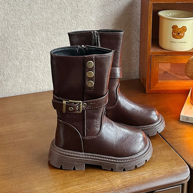Kids Vintage Rivet Buckle Mid-Calf Boots, Children Retro Sweet Cool Ankle Boots Side Zipper, Non-Slip Thick Sole Winter Boots