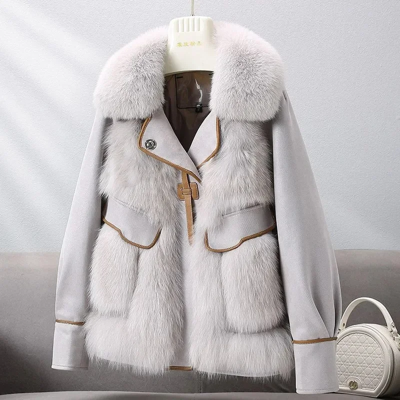 2023 New Autumn Winter with Fur Neighboring Fox Fur Grass Women\'s Coat Fashion Popular Down Cotton Coat Parker Coat Suede Trend