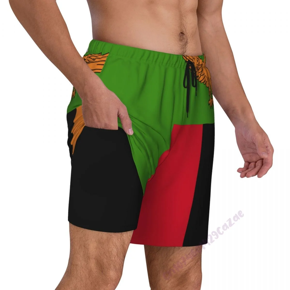 Zambia Country Flag 3D Mens Swimming Trunks With Compression Liner 2 in 1 Quick-Dry Swim Shorts With Pockets for Summer Gift