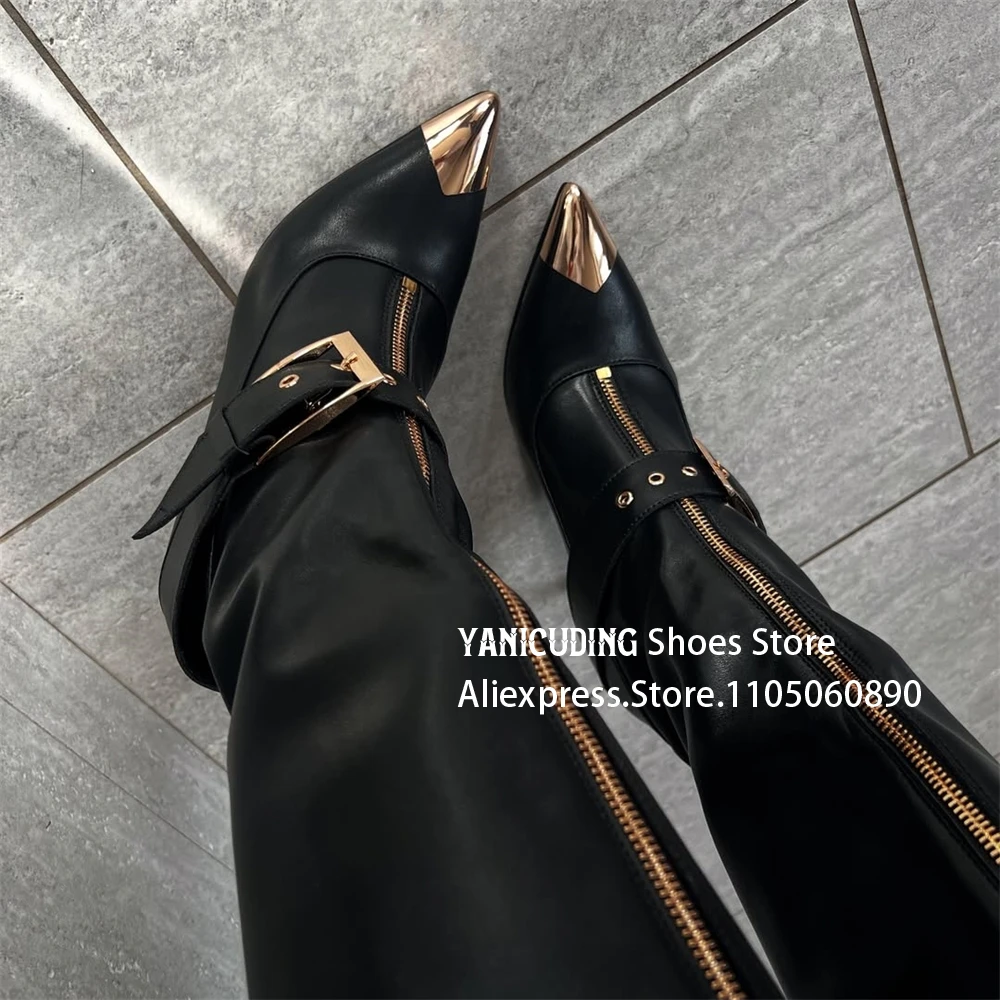 

Metal Pointed Toe Zipper Stiletto Boots Gold Buckle Knee High Boots Fashion Punk Style Boots for Women Customizable Multicolor