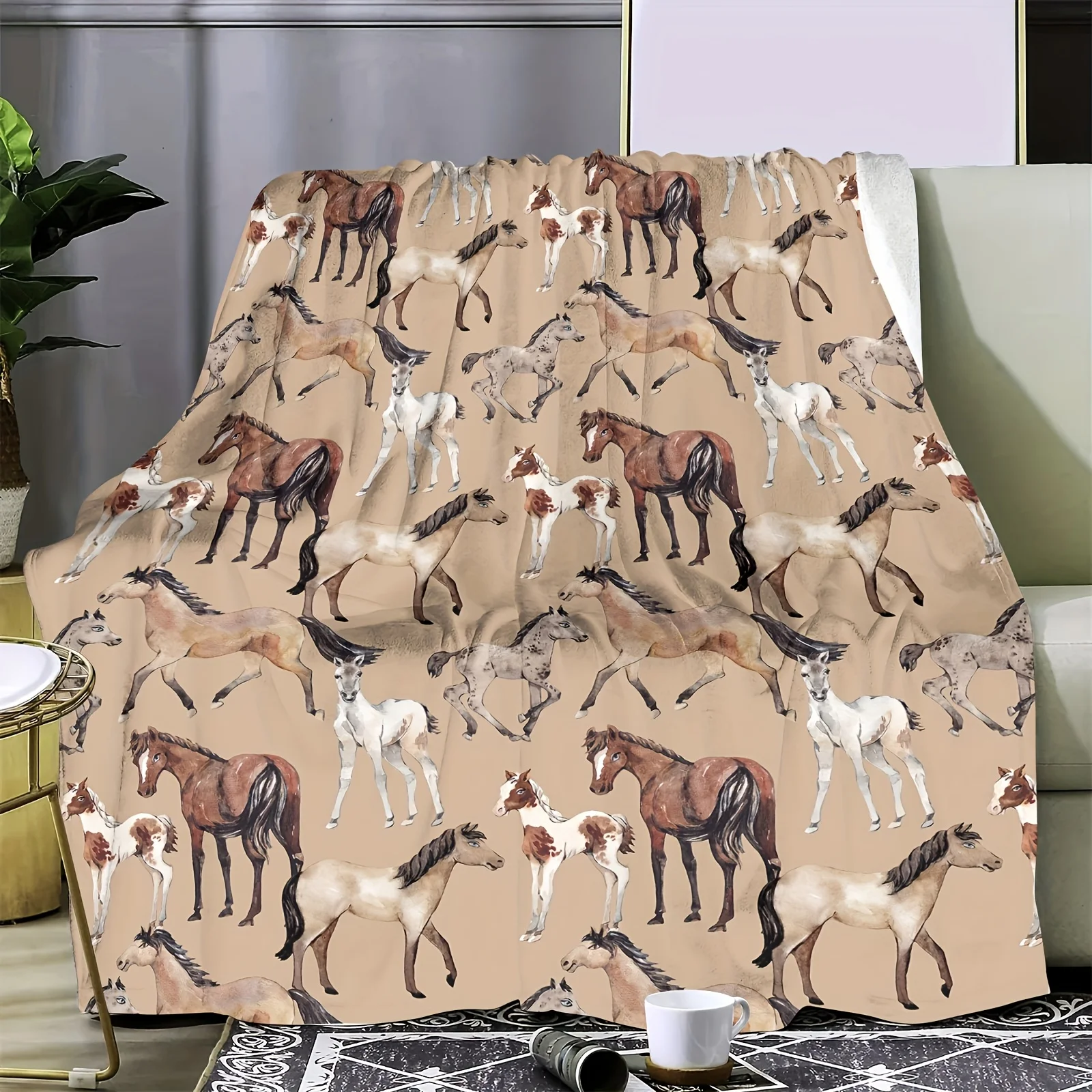 An Elegant Horse Pattern Fleece Blanket with a Harmonious And Beautiful Ranch Theme Fills Every Corner of The Home with Comfort