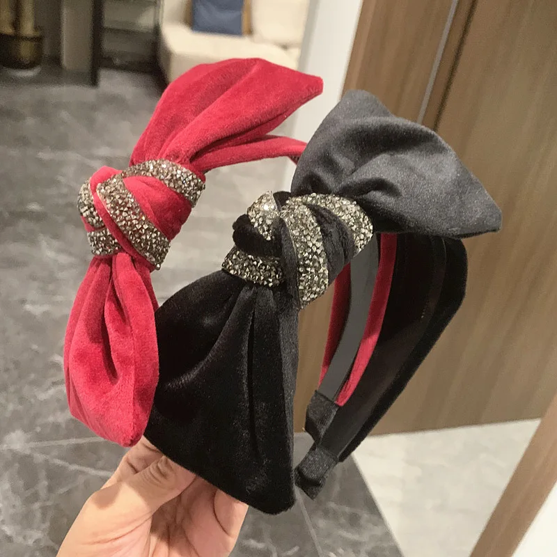 South Korea\'s High-end Flannel Hairband Handmade Diamond-studded Super Flash Luxury Big Bow Wide-brim Hair Band Ladies Headband