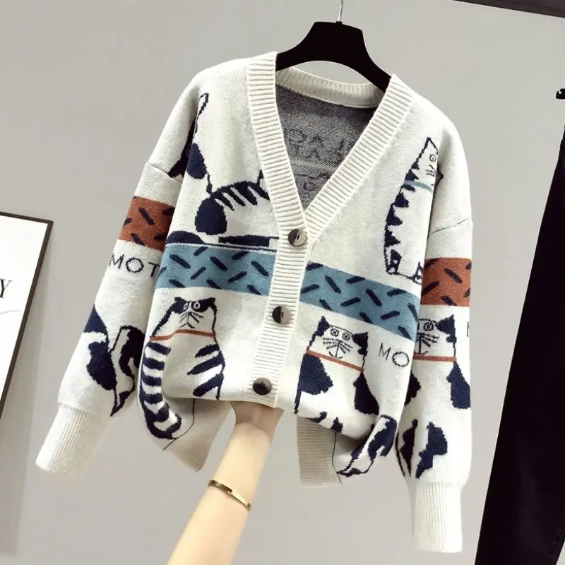 2023 Spring and Autumn New Cartoon Contrast Color Fashion Sweater Women\'s V-neck Knitted Cardigan Coat Trend