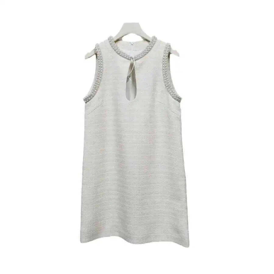 Luxury 2025 Spring Autumn White Pearls Collar Tweed Short Dress Women's Sleeveless Tank A Line Prom Evening Party  Vestidos