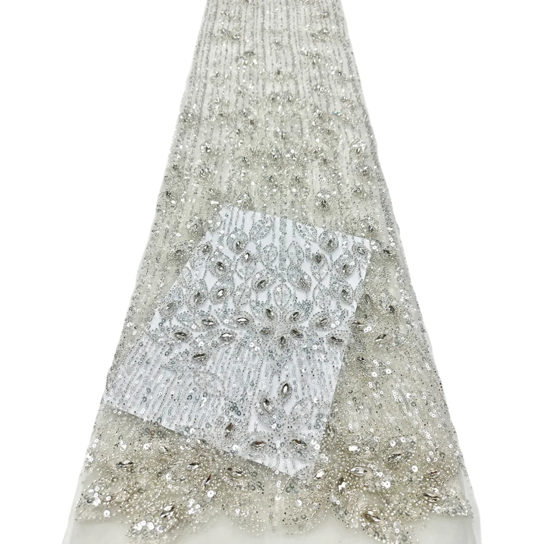 Sparkling Rhinestone Sequins Linear Floral  Embroidered Lace Fabric African Lace Fabric For sewing Luxury Wedding Women Dress