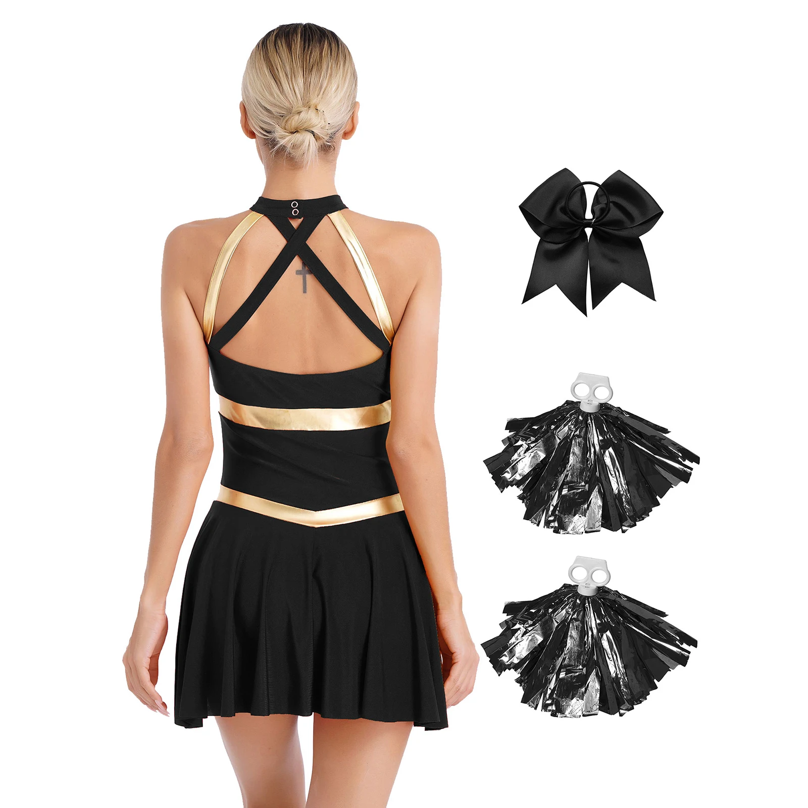 Women Cheerleading Dance Outfit Sleeveless Dress with Hair Band Flower Balls Sports Meet Basketball Match Performance Dancewear