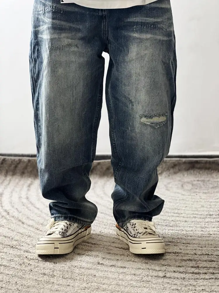 

Retro Japanese Sle Wide Leg Straight Tube Denim Jeans Patched Vintage Look Low Waist Long Pants for Teen Boys