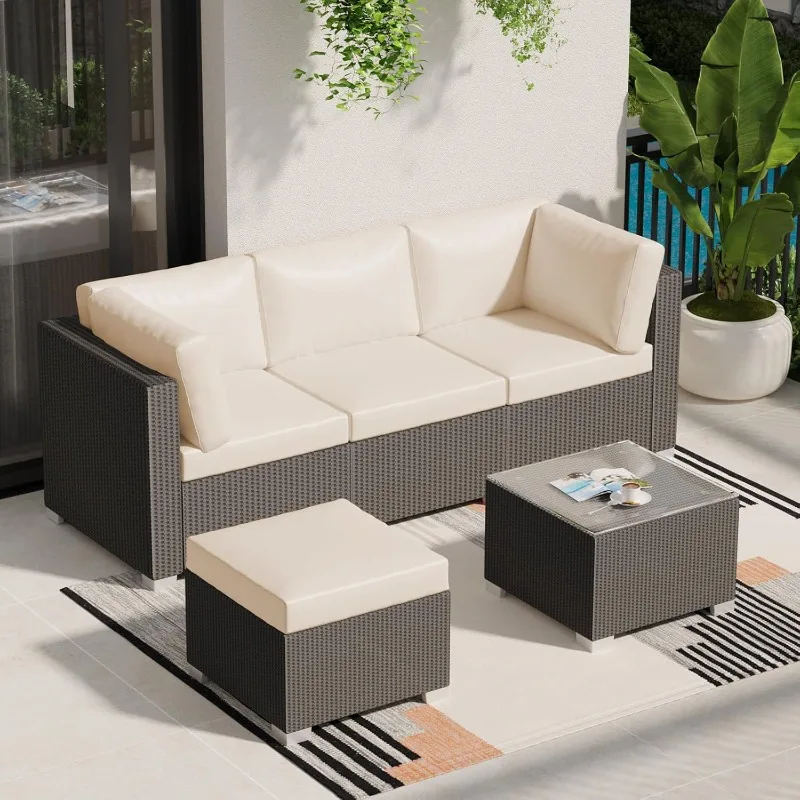 home.5-Piece Outdoor Patio Rattan Wicker Sofa Set, Glass Tabletop, Ottoman - Ideal for Courtyard Space, Beige