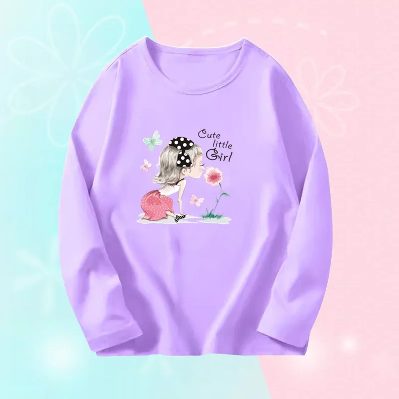 Girl‘s Cute Pink T-shirts Little Girl Long Sleeve Autumn Tees Top Girl Purple Tee shirts Children Cotton T Spring T-shirts