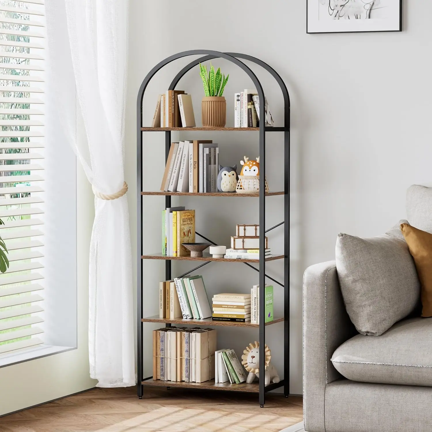 

5-Tier Arched Bookshelf, Wood & Metal Tall Display Rack, Industrial Style for Living Room, Home Office, Rustic Brown