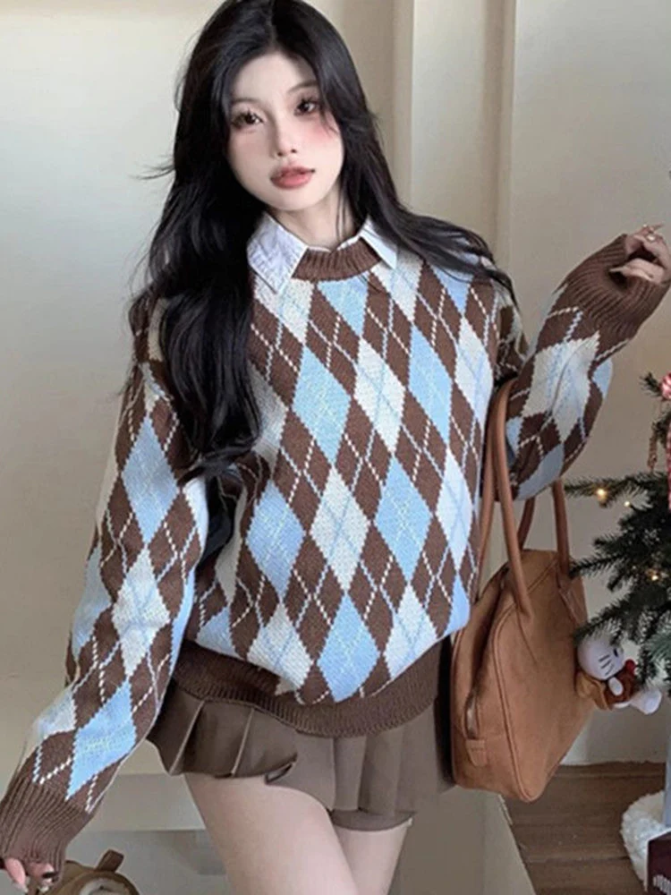 Zoki Vintage Argyle Sweet Sweater Women Korean Loose Soft Knitted Jumper Casual Simple High Quality O Neck Female Retro Tops New