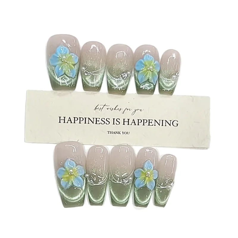 

Pure hand-worn nail summer new green cat's eye engraving hand-painted engraving temperament cat's eye nail patch