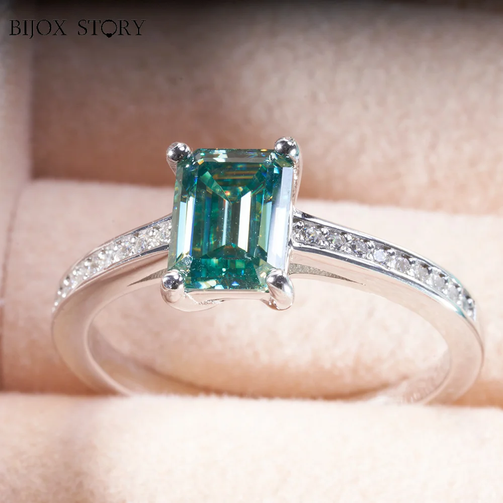 

2 Carat Blue Green Color Moissanite Ring With Emerald Cutting Gemstone Female Dating Party Fine Jewerly Gift