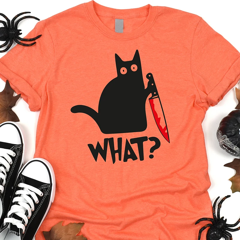 

What Cat Knife Funny Halloween T Shirt Women Harajuku O Neck Graphic Tee Female Kawaii Cat Mom T-shirt Cotton Femme Tshirt Femme