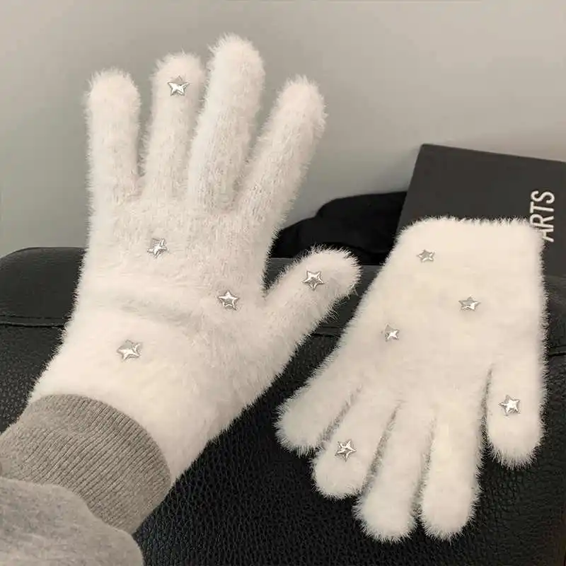 Fashion Winter Heart Mink Velvet Five Finger Gloves Plush Warm Cold-proof Gloves Women Solid Snow Star Wistiti Mittens Gloves