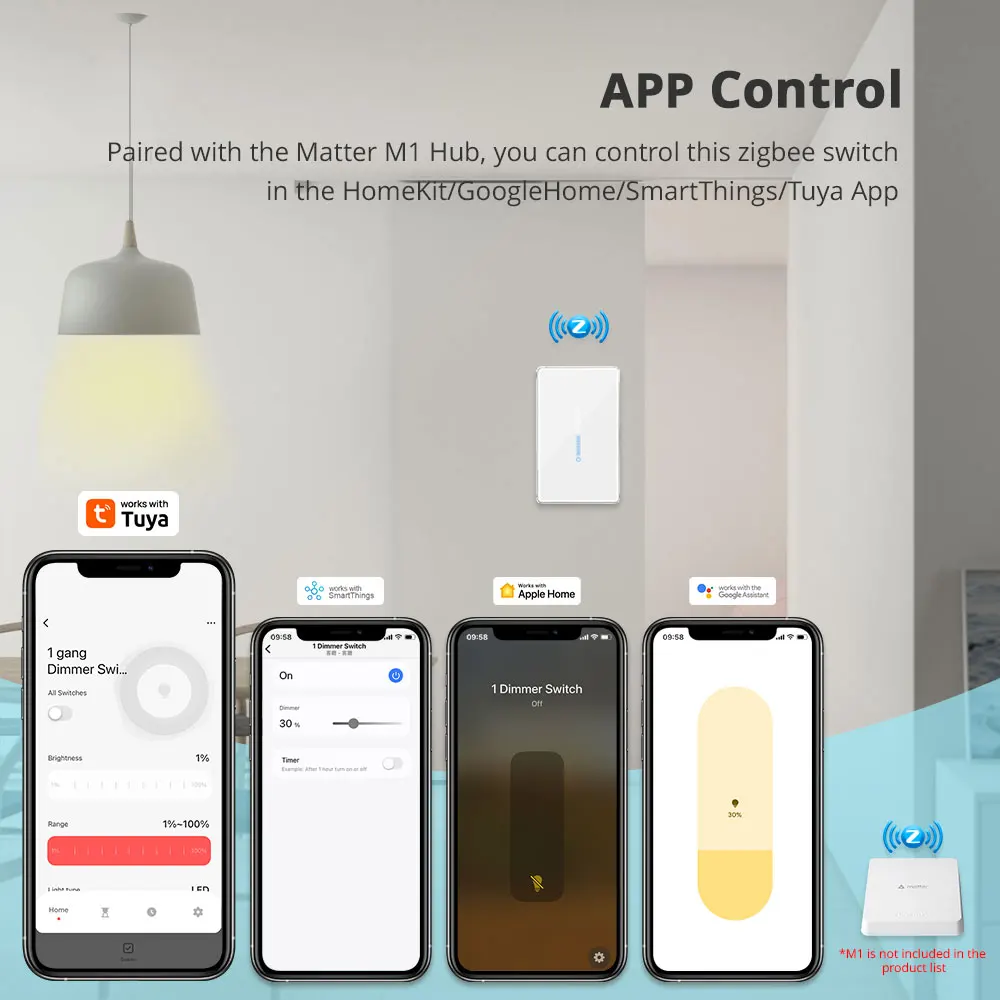 Yagusmart Zigbee 1 Gang Smart Dimmer Light Switch Work with Tuya APP Remote Control US EU Standard Switch Percentage Control