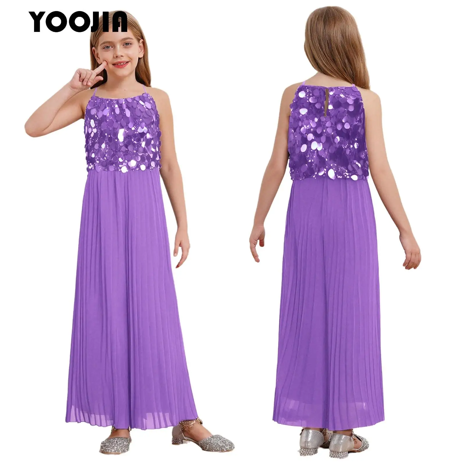 

Kids Girls Shiny Party Jumpsuit Sleeveless Sequin Formal Pageant Romper Wide Leg Pleated One Piece Outfit for Wedding Birthday