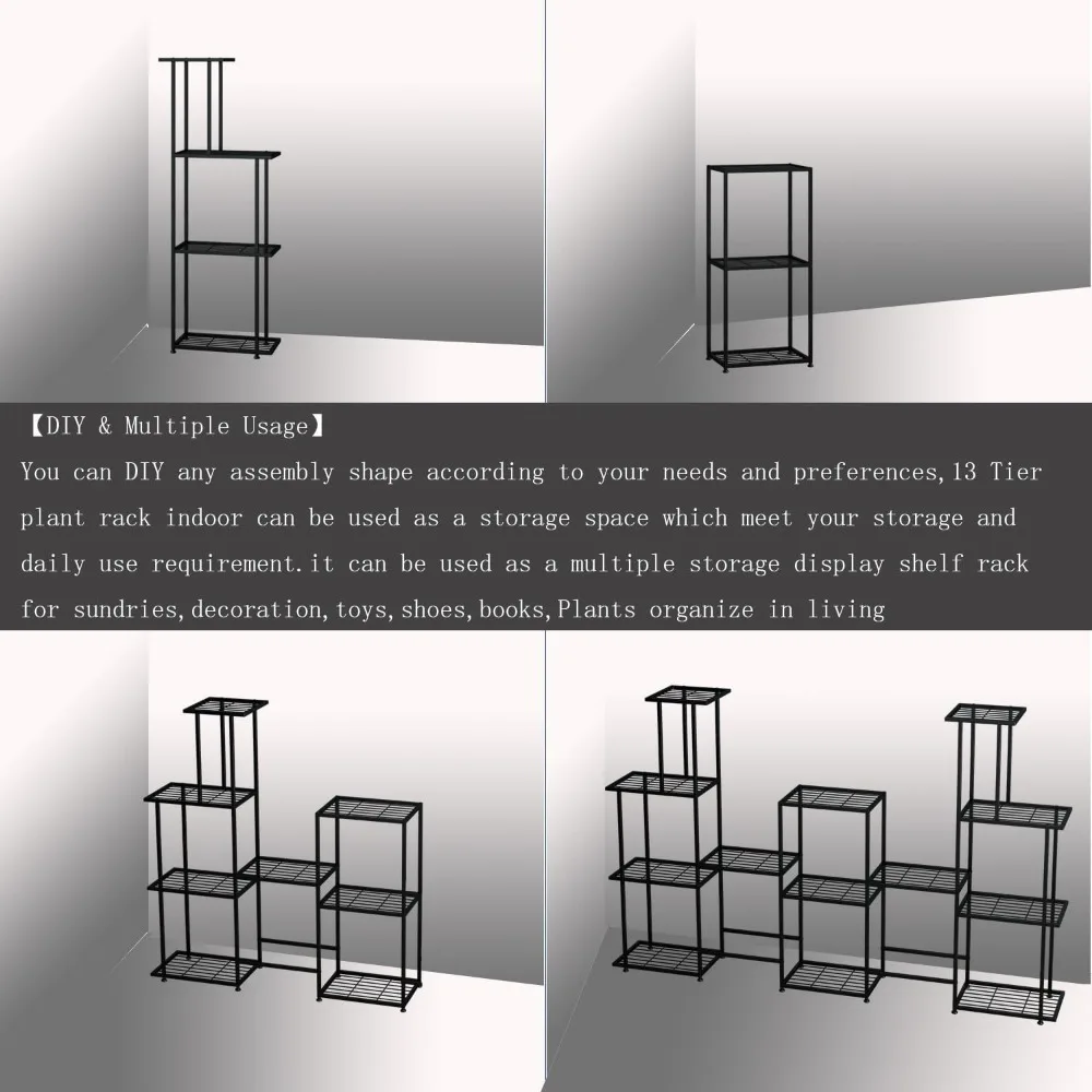 13段の背の高い植物スタンド、屋内屋外の庭、バルコニー、パティオの装飾用の黒いスチール製棚