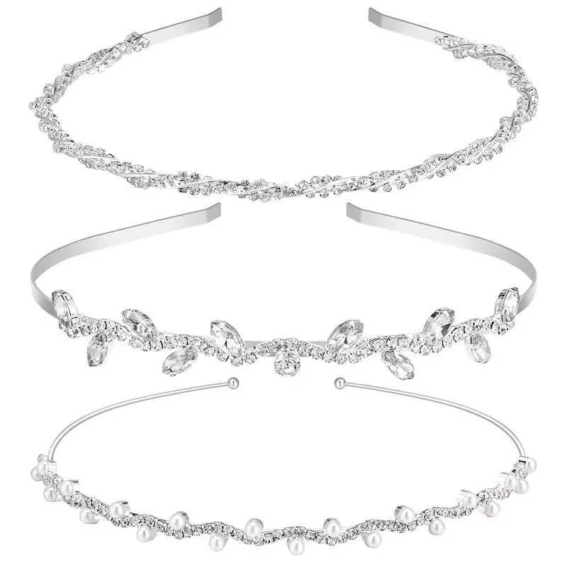 Four Seasons WOMEN\'S Rhinestone Pearl Bridal Hair Accessories Shining Double ThinHeadband Combination Set