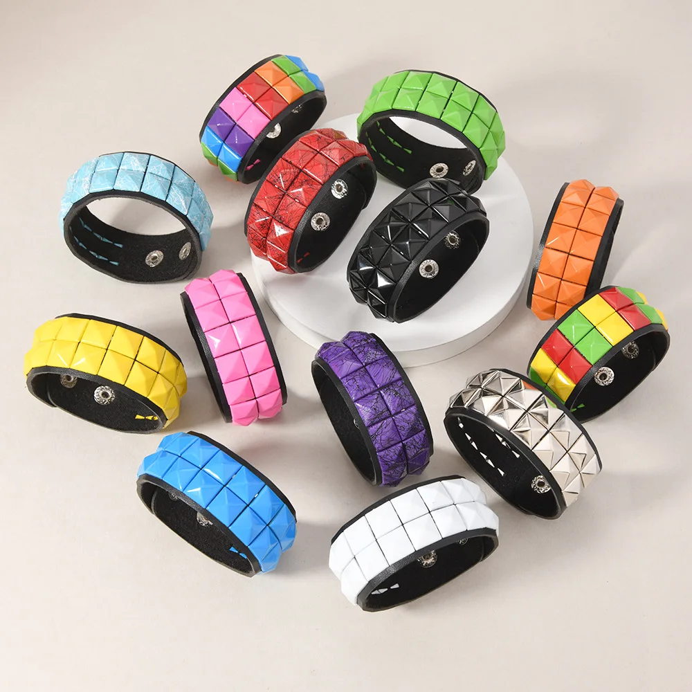 Hip Hop Rock Wide Wrap Bangle Hand Jewelry Rainbow Color Block Spiked Bracelet for Men Women Punk Rivet Leather Cuff Bracelets