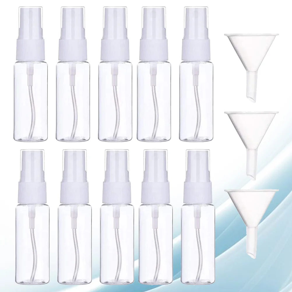 10 peças de plástico mini garrafa de armazenamento transparente suporte externo com 3 peças de funil (30ml) vazio recarregável