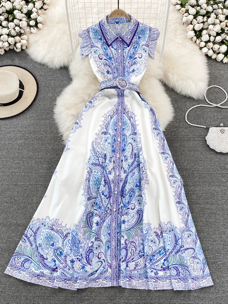 Women Fashion Elegant Vintage Print Vacation Dress Summer Fly High Waist Single Breasted Flip Collar A-line Robe Vestidos