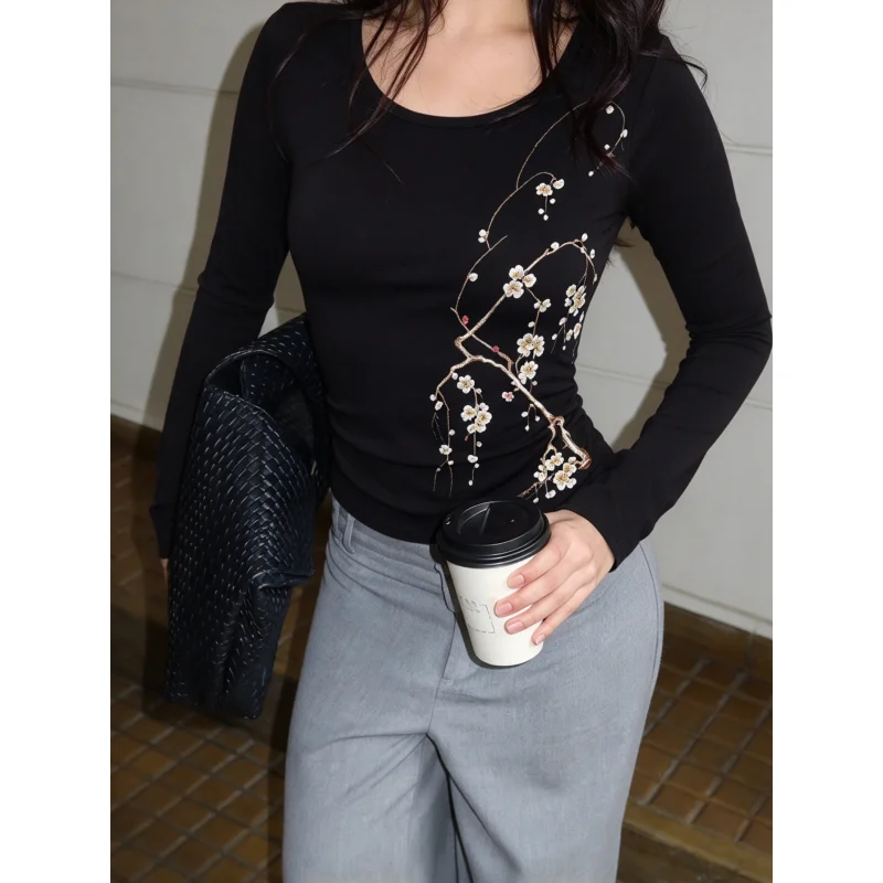 Y2K Oriental Autumn New Plum Blossom Ink Wash Print Long Sleeve T Shirt Women Gentle Slim Fit Neo Chinese Tops