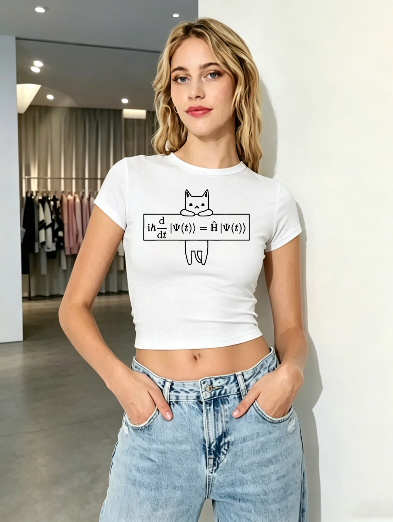 Camiseta con estampado de mecánica cuántica para mujer, diseño con temática de física, top de manga corta con cuello redondo para verano, gris/blanco/negro