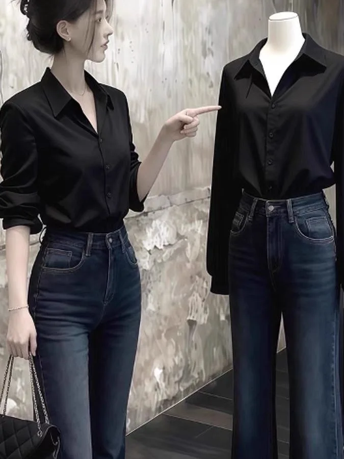 

Black Shirt Women's Autumn High-End Feel Collared Pleated Commute Style Versatile Top Breathable Long Sleeve Polyester Fabric