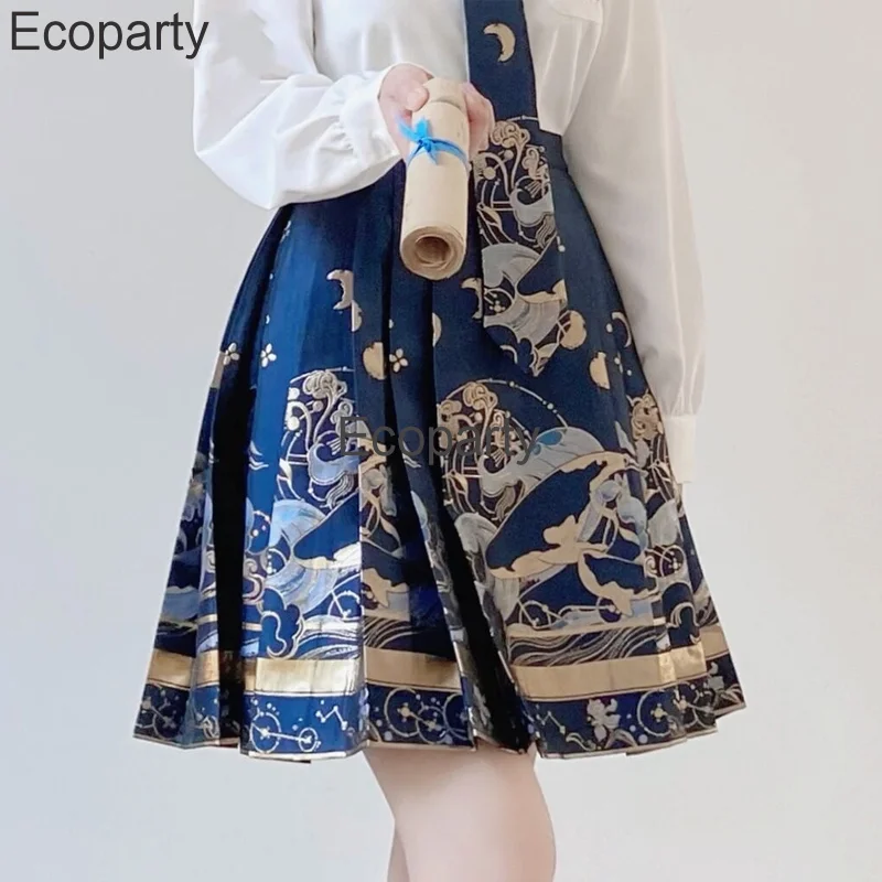 New Chinese Hanfu Costume Women Deluxe Printed Improved High Waist A-Line Jk Skirt Girls Lovely Chinese Style Pleated Mini Skirt