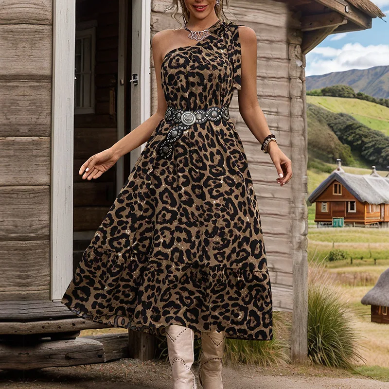 

2025 Summer Leopard Dress Party Casual One-shoulder Lace-up Women's Long Skirt