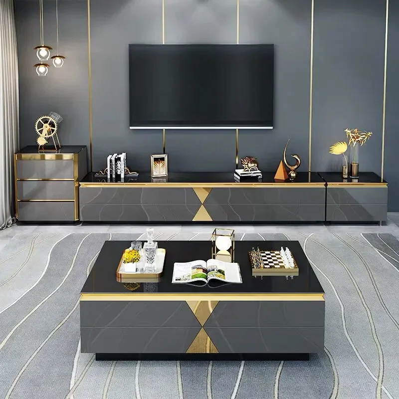 High-End Solid Wood Coffee Table TV Cabinet Combo Modern Light Luxury Small Apartment Living Room Rock Slab Floor Design