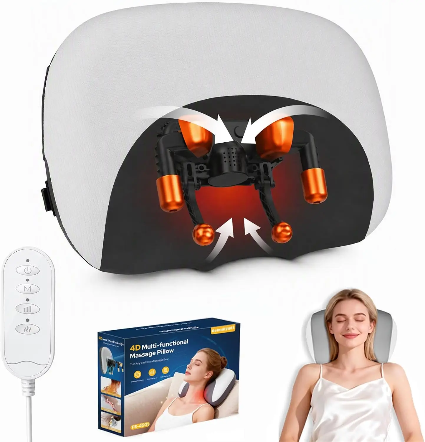 Cordless Shiatsu Neck Massager Heating Rolling Pillow Three In One